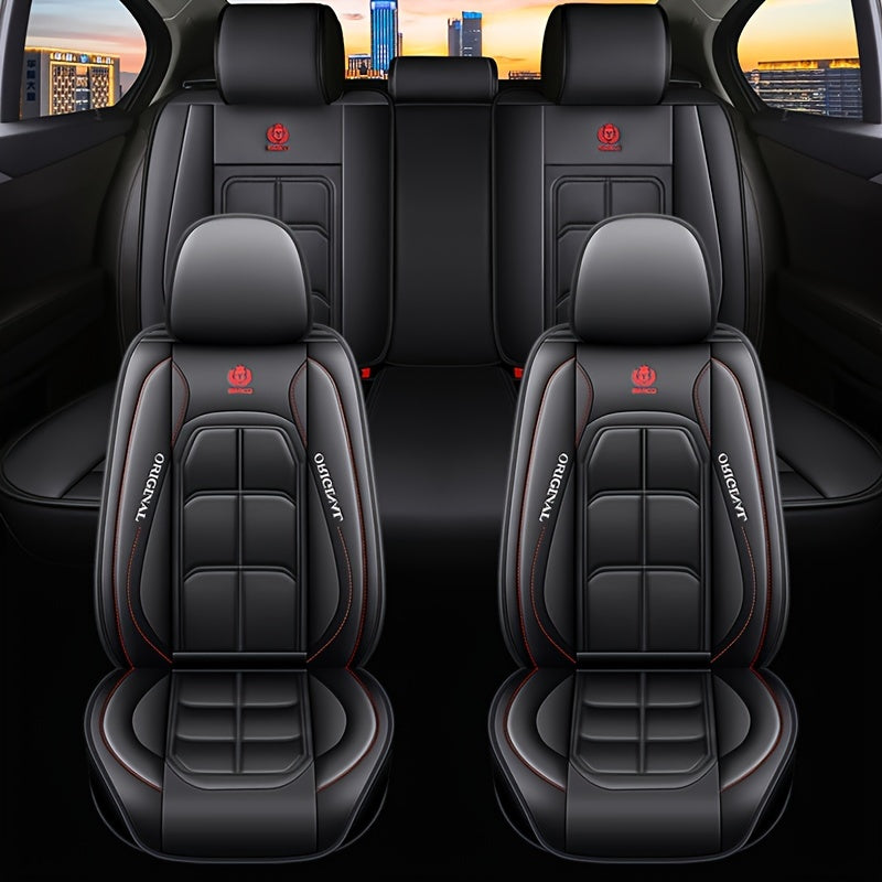 Durable PU leather car seat covers with red stitching and storage bags.