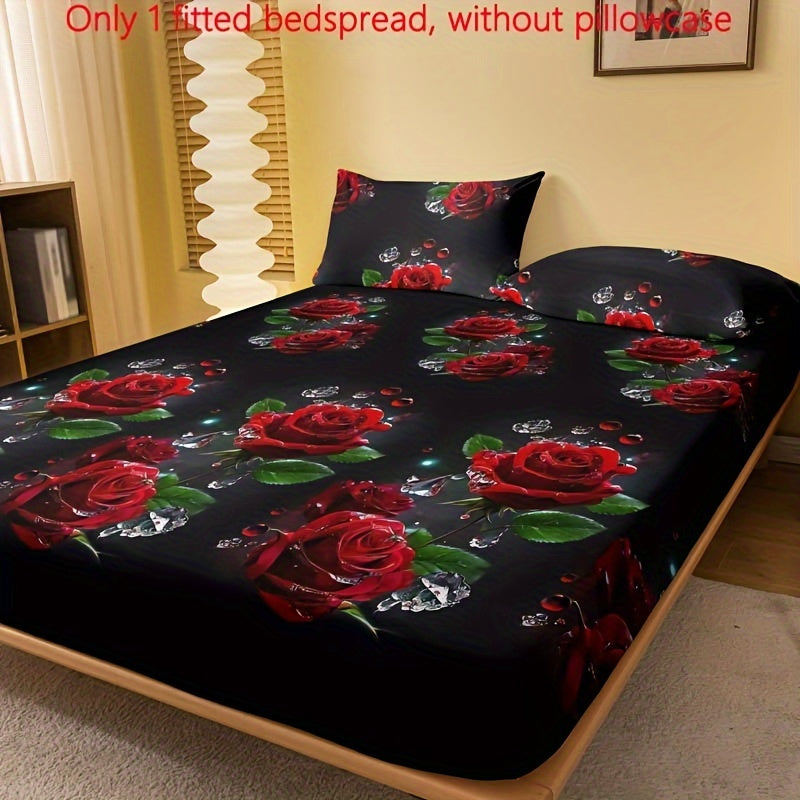 1pc Brushed Fitted Sheet (Without Pillowcase) with 3D Iced Out Red Rose Print, Soft and Comfortable Bedding for Bedroom or Guest Room, Deep Pocket, Fitted Bed Sheet Only