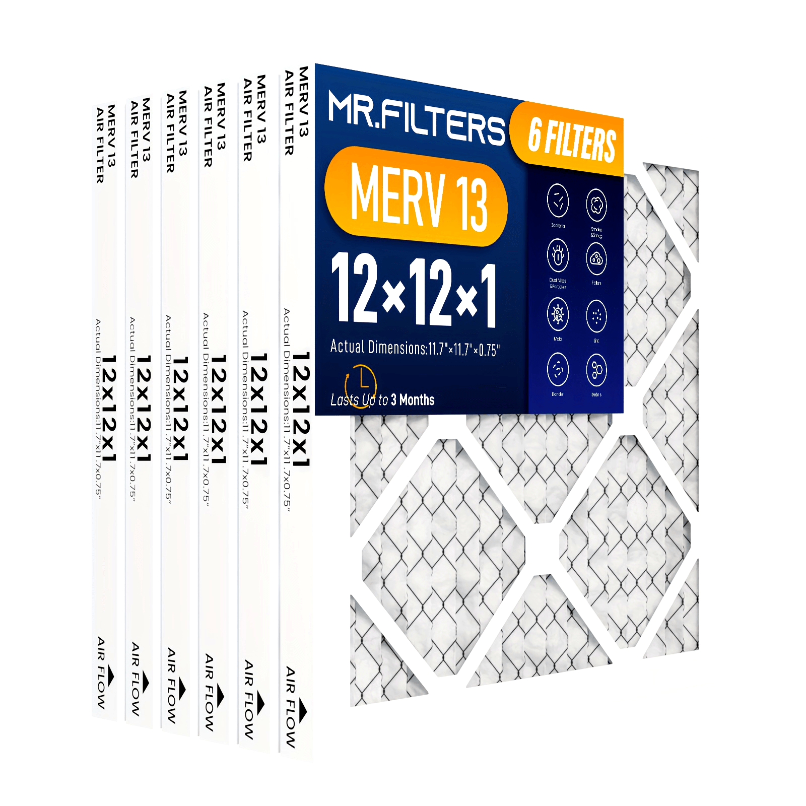 6 pieces of AC furnace air filters replacement for homes, sized 10 X 10 X 1. These pleated HVAC filters come in MERV8, MERV 11, and MERV13 varieties and include cleaning tools.