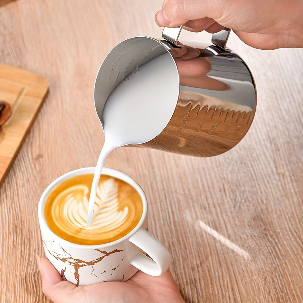 Stainless Steel Pull Flower Cup with scale, suitable for both household and commercial use. This milk frother cup comes in 350ml and 600ml sizes, perfect for Italian coffee and espresso makers. Get the perfect froth every time with this high-quality