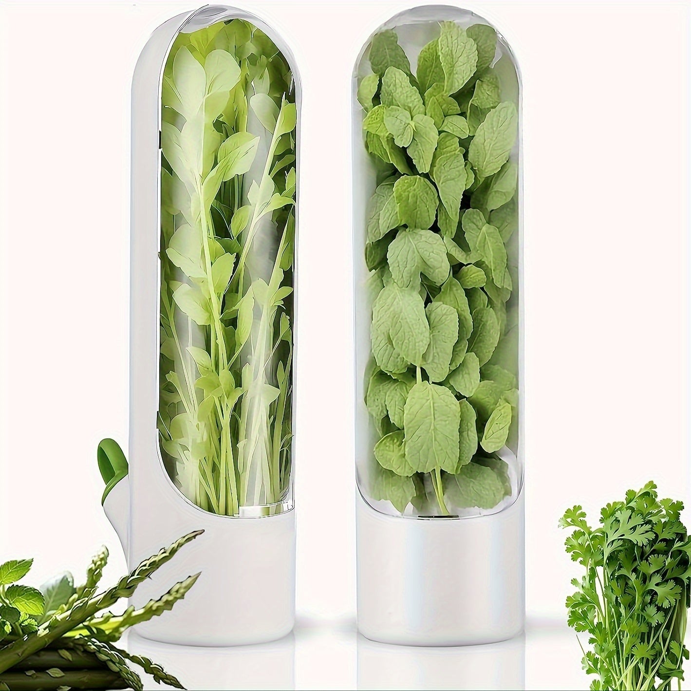 Set of Plastic Refrigerator Herb Saver Pods - Ideal for Preserving Coriander, Mint, Parsley, and Asparagus Freshness - Food Safe