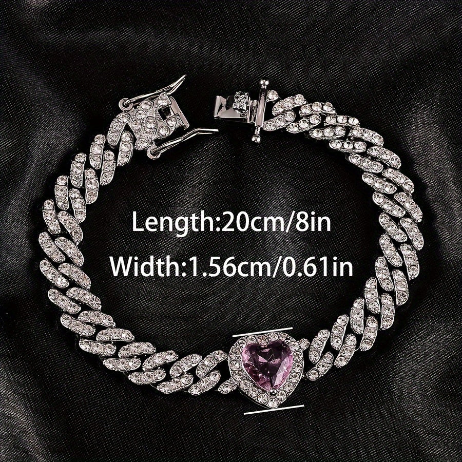 Elevate your style with this 8-inch Elegant Hip-Hop Cuban Chain Bracelet featuring a Rhinestone Heart Charm and Synthetic Gemstone Accents. Perfect for both men and women, this luxurious piece of jewelry is a fashionable choice for everyday wear or as a