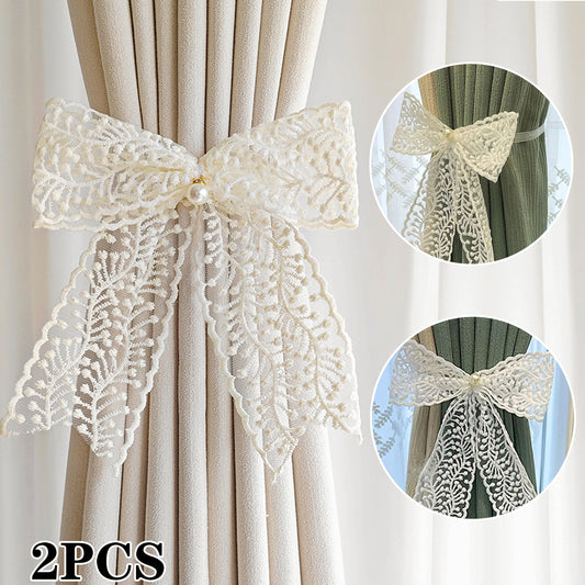 Set of 2 Elegant Lace Bow Curtain Tiebacks - French-Inspired, Adjustable Polyester Holdbacks for Heavy and Sheer Drapes, Ideal for Enhancing Living Room and Bedroom Decor