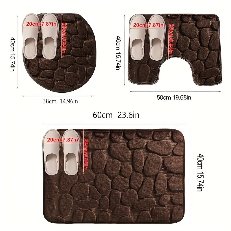 3-piece geometric-pattern bath rug set made of non-slip knit weave polyester with quick-drying memory foam. Machine washable. Includes U-shaped toilet rug for comfortable and absorbent bathroom decor.