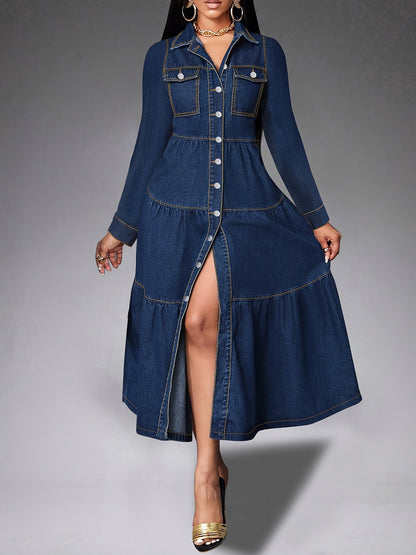 Women's denim dress with long sleeves, 65% polyester and 35% cotton, solid color for fall/winter, medium stretch, frill detail, shirting style, fabric weight 90g/m².