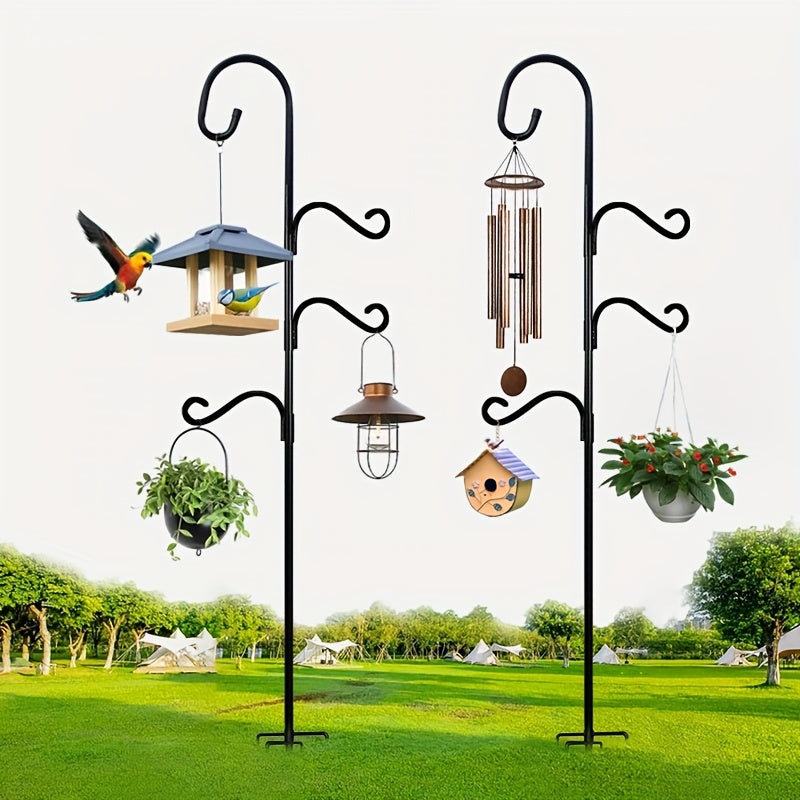 Outdoor iron shepherds hook with three hanging arms and a five-prong base for rust-resistant garden decor. Perfect for hanging bird feeders or flower baskets as a festive decoration.