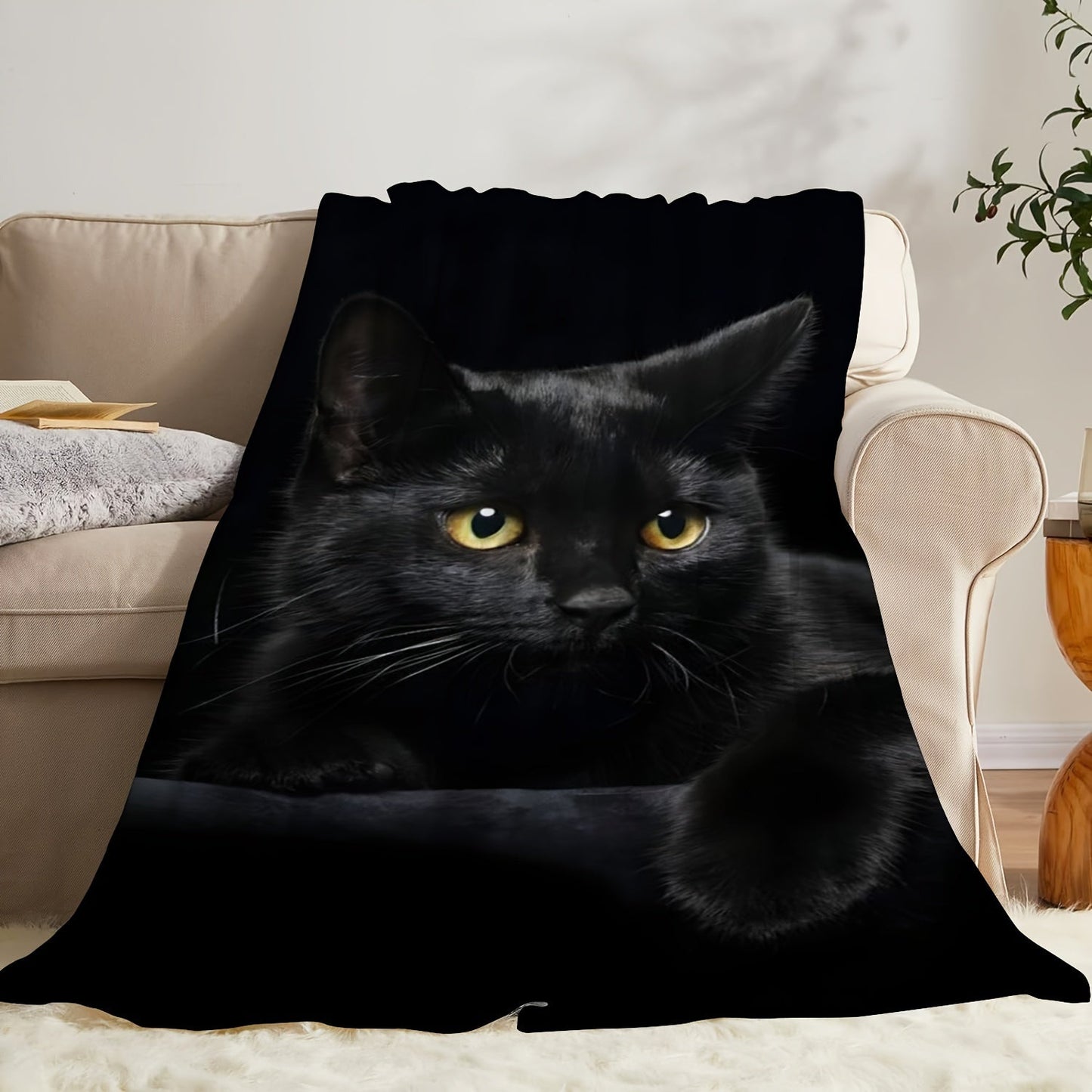 Soft and cozy 1 piece flannel blanket featuring a high-definition digital print of a black cat. Perfect for both male and female cat lovers, this adorable blanket is a great gift for any cat enthusiast. With its cute cat pattern and comfortable design