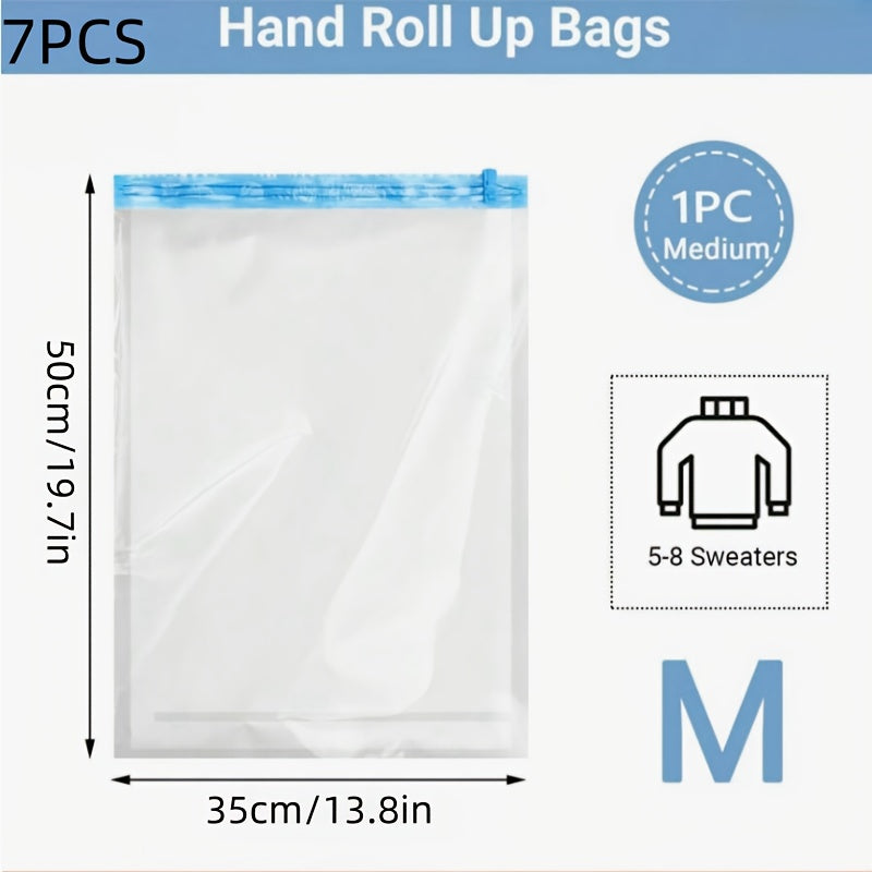 Pack of 7 Compression Bags - Save Space without the Need for a Vacuum or Pump! Easy-to-use Hand Roll Storage Bags for Travel Enthusiasts. Ideal for storing both dry and wet items compactly. Travel with ease and confidence!