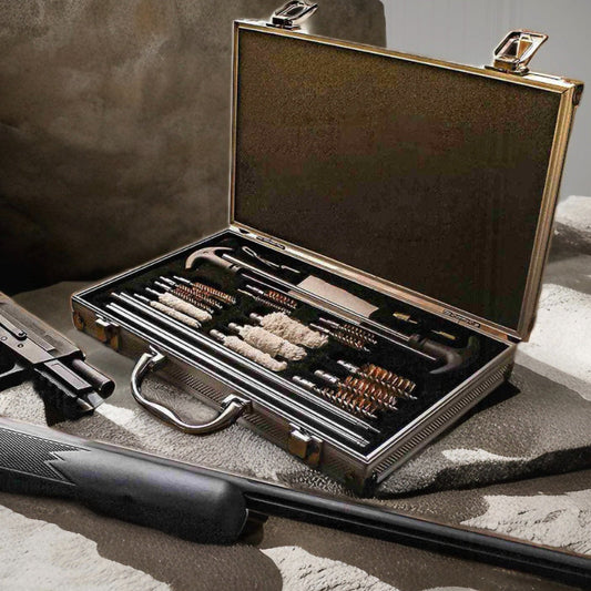 ProFire Gun Cleaning Kit - A high-quality outdoor firearm maintenance set made from durable plastic. Includes swabs, a wooden box, and an aluminum case. No electricity required, perfect for use on patios and walls.