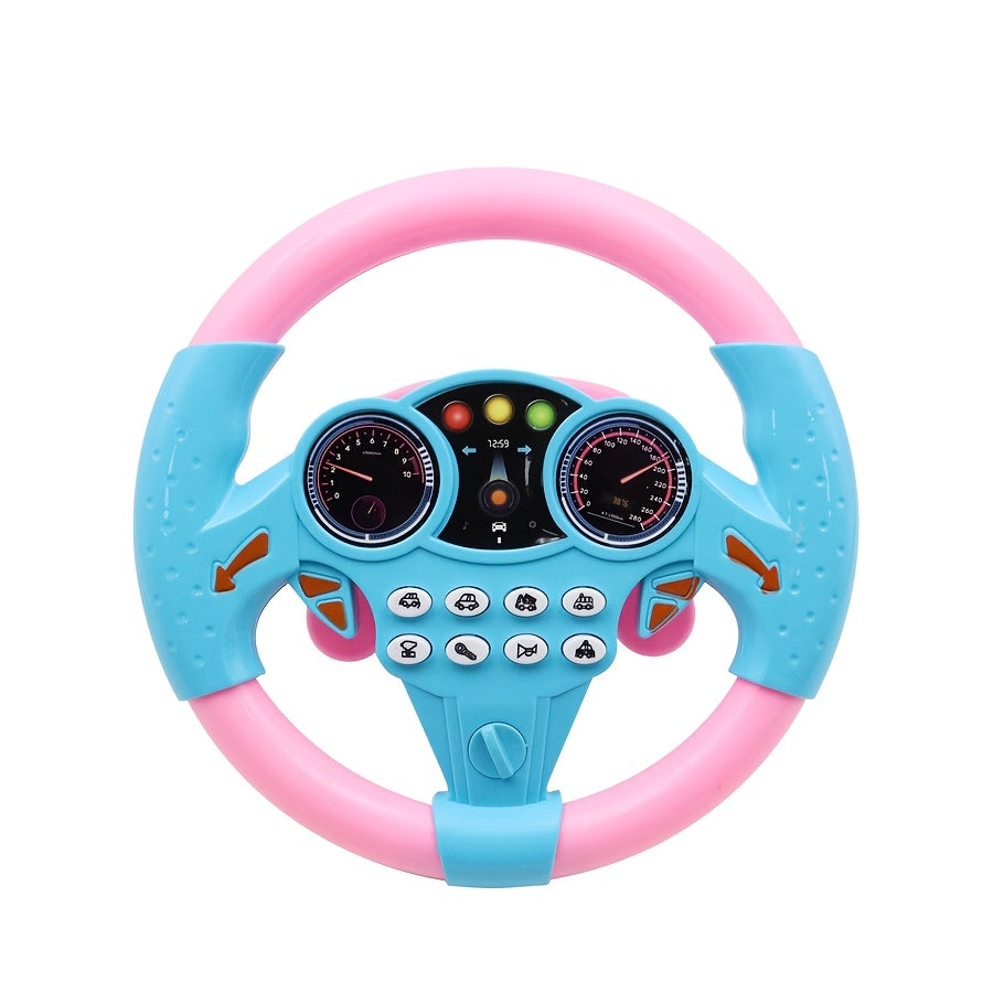 Children's driving simulator steering wheel toy with suction cups, educational interactive car wheel made of plastic. Multi-functional with sound effects in pink and yellow, perfect gift