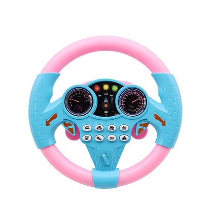 Children's driving simulator steering wheel toy with suction cups, educational interactive car wheel made of plastic. Multi-functional with sound effects in pink and yellow, perfect gift