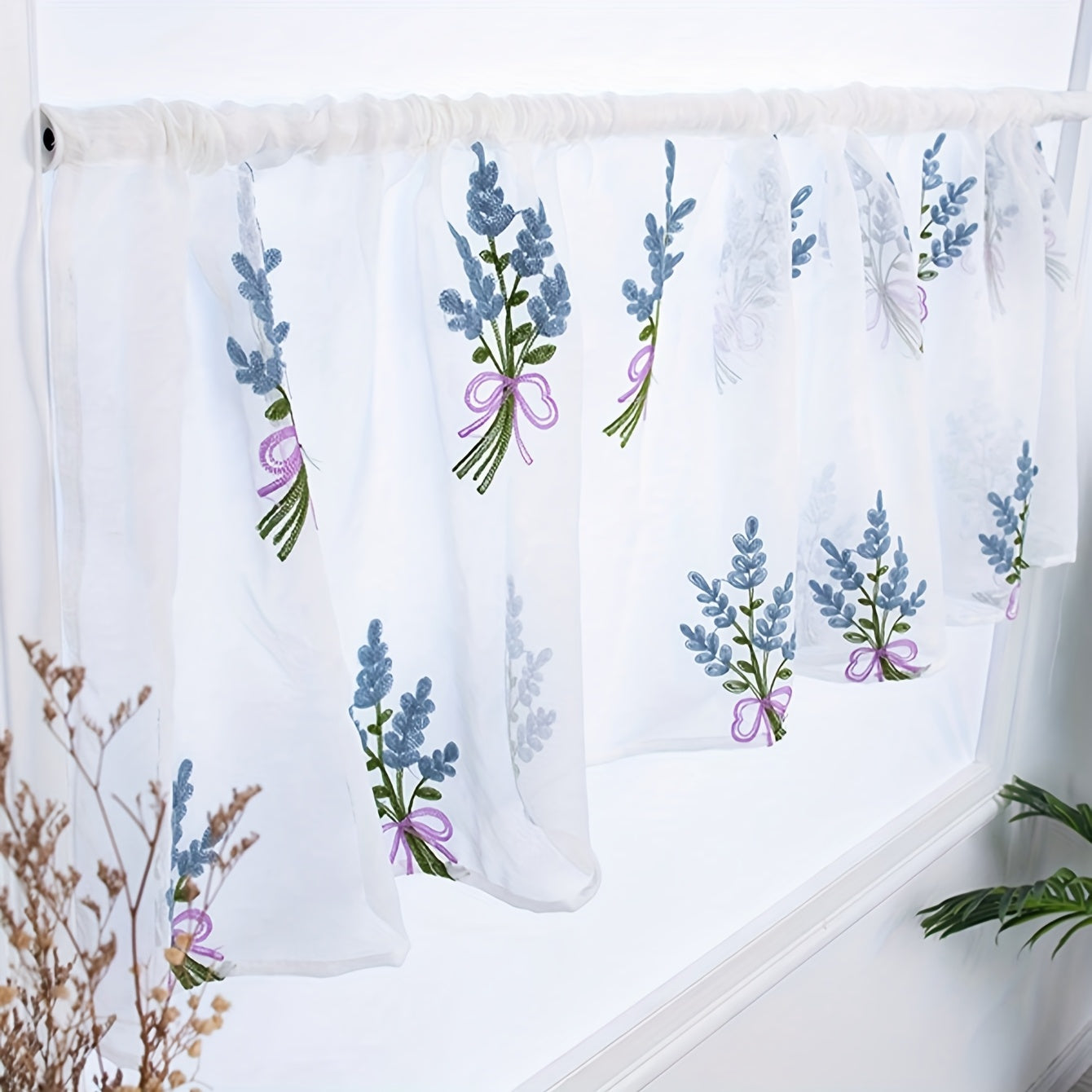 Embroidered sheer curtain valance for living room or cafe home decor, measuring 1 piece.