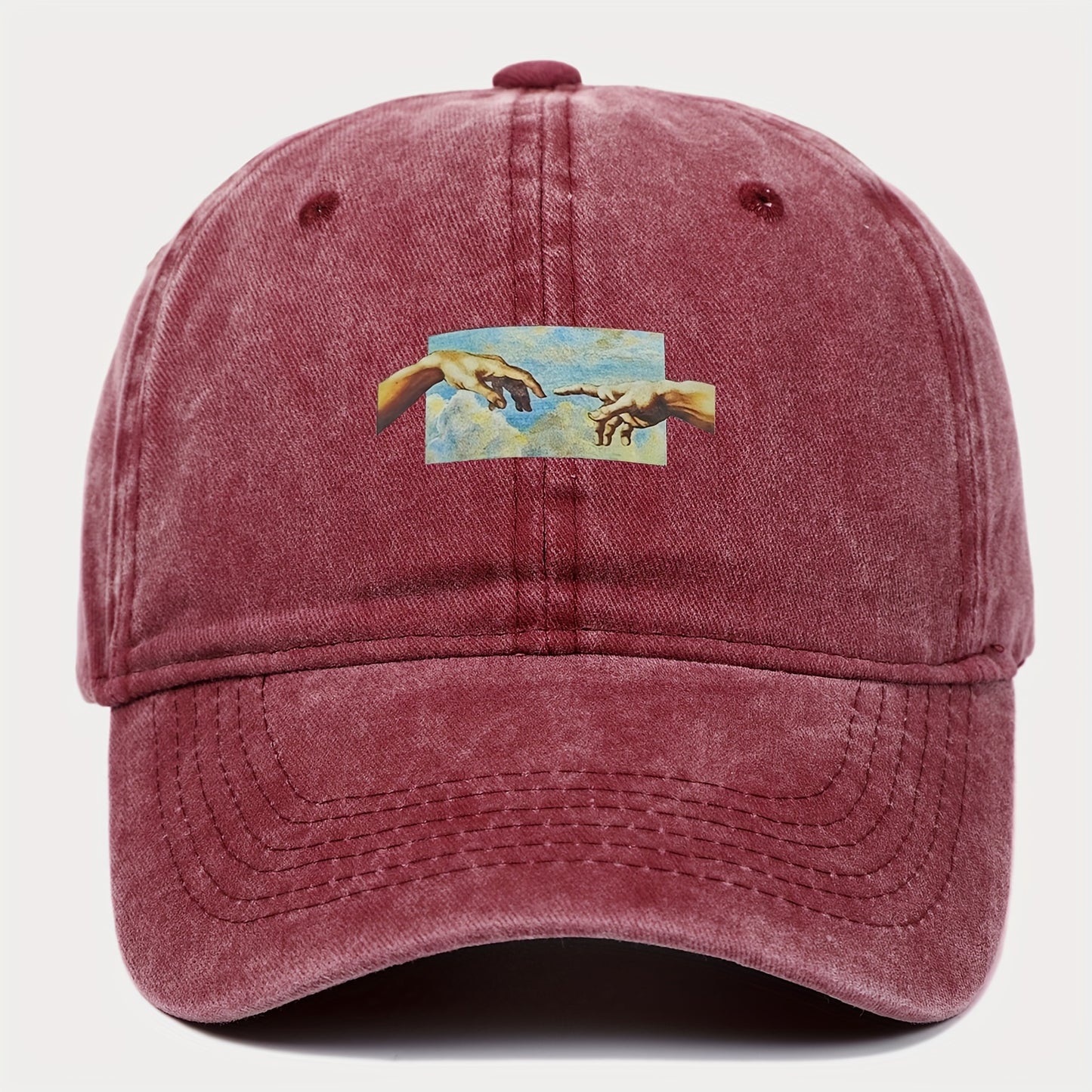 Vintage oil painting print baseball cap made of breathable polyester with casual embroidery. Features a flag theme, adjustable fit, and is hand washable.