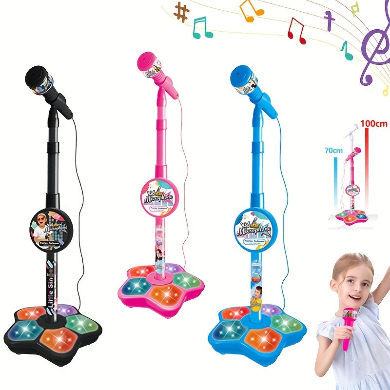 Kids' Karaoke Microphone with Stand - Adjustable height, light effects, MP3/phone connectivity. Perfect birthday gift for boys & girls, engaging, educational toy. Brain-training music