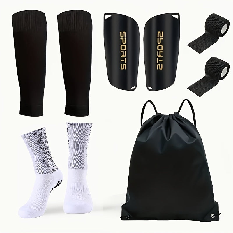 5-piece football equipment set includes silicone grip socks, calf sleeves, drawstring backpack, and leg pads. Made of striped polyester for training and fitness.