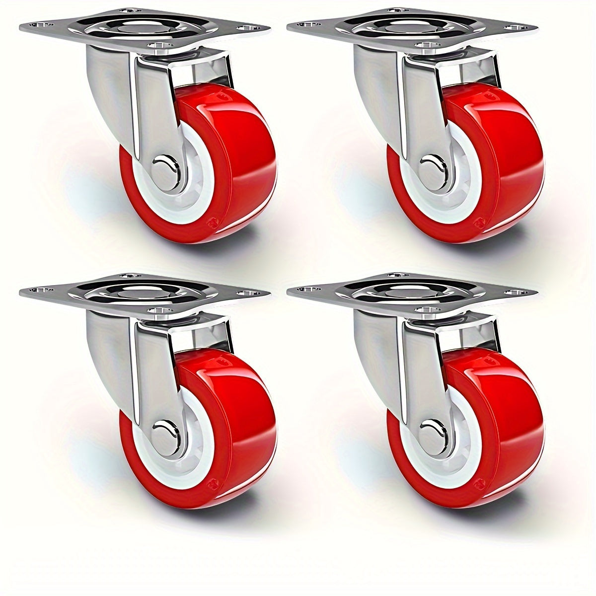 Set of four heavy-duty swivel caster wheels with a polished finish, offering 360° rotation perfect for furniture, dining, and commercial applications. These metal casters do not come with brakes.