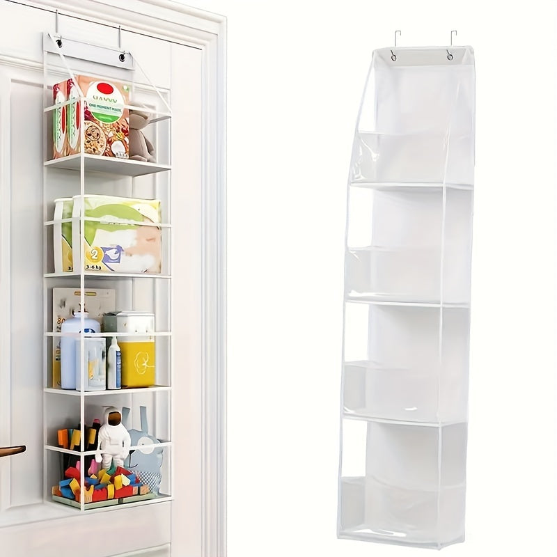 This multifunctional storage set includes four transparent PVC baskets with a stain-resistant material. They are designed to be hung on the back of a door for easy access and are perfect for storing a variety of items, such as food, cosmetics, and