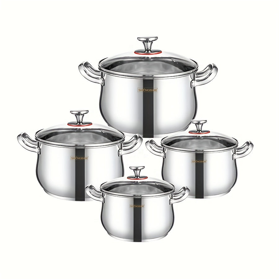 8-Piece Stainless Steel Cookware Set - Multi-functional Kitchen Pots with Lids, Deep Soup Pots featuring Double Handles for Home and Restaurant Cooking. Works with Induction and Gas Stoves, perfect for preparing Soup, Hotpot, Noodles, Pasta, and Seafood