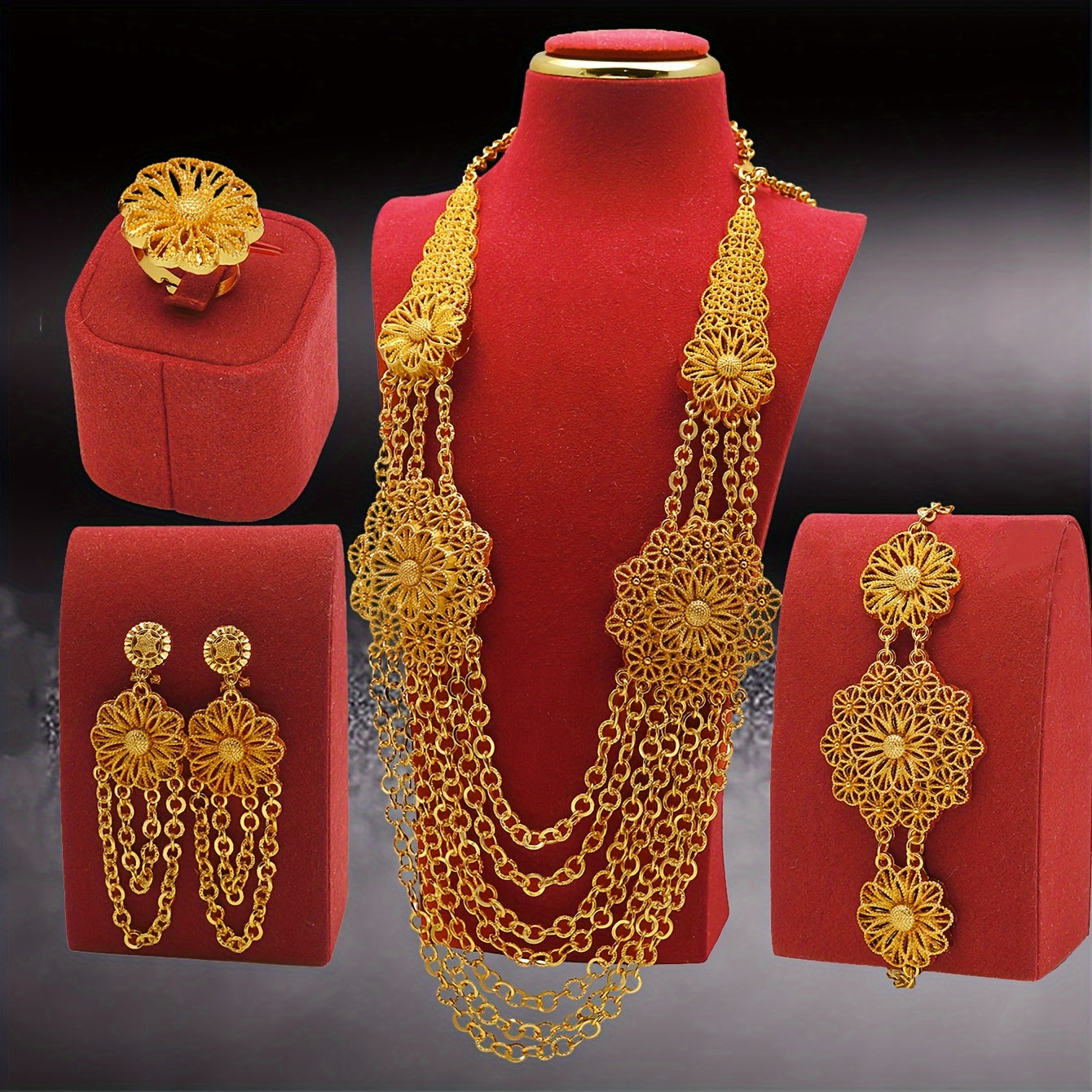 Elegant Middle Eastern Jewelry Set featuring a Vintage Fashion Necklace, Earrings, Ring, and Bracelet. This 4-Piece Set is crafted from Zinc Alloy and is ideal for Parties, Gifts, and can be worn all year round.