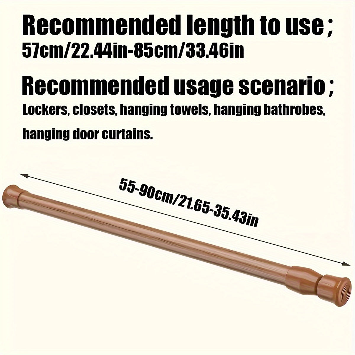 Easy-install telescopic rod with strong spring for shower curtains, door drapes, clothes hanging. Available in black, white, wood grain.