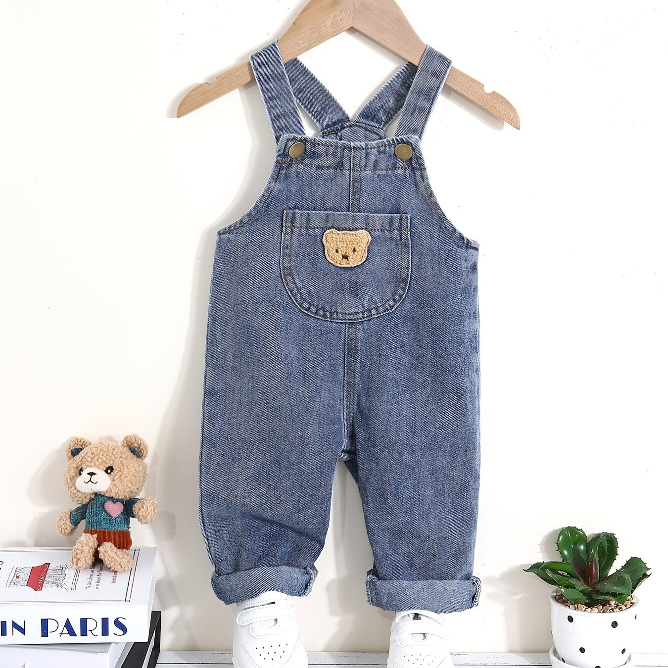 Boys' green denim overalls with bear patch - blend fabric, machine washable, casual style for fall/winter, great for outdoor wear.