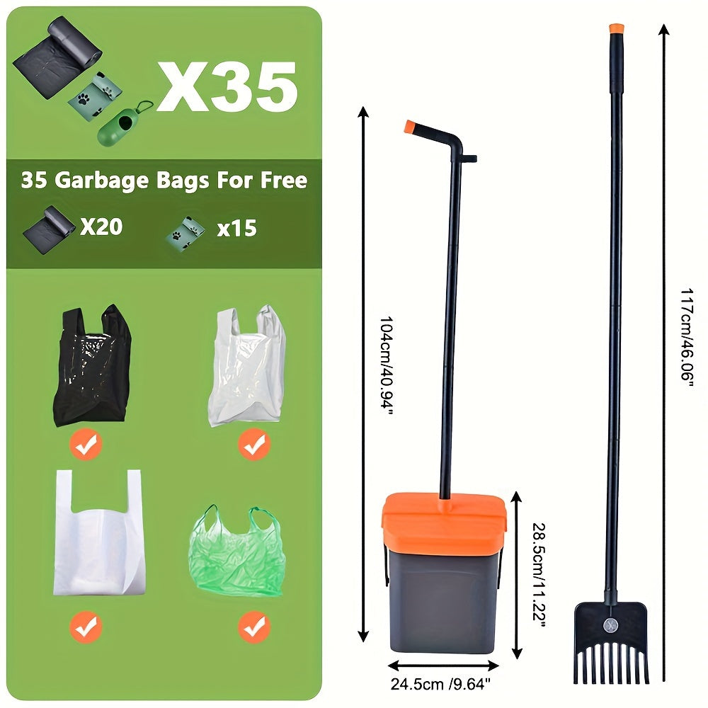 Dog owners with medium to small breeds can easily clean up their pet's mess with this heavy-duty poop scooper set. The set includes a swivel bin and rake with a long handle measuring 116.84cm/104.14cm. It is ideal for use on grass, dirt, or gravel.