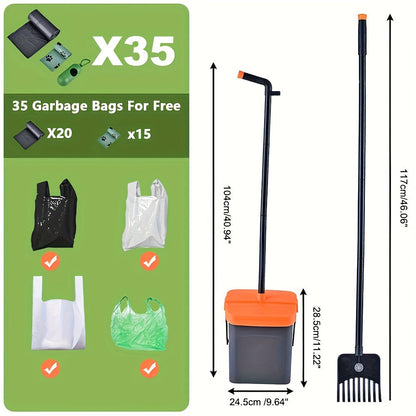 Dog owners with medium to small breeds can easily clean up their pet's mess with this heavy-duty poop scooper set. The set includes a swivel bin and rake with a long handle measuring 116.84cm/104.14cm. It is ideal for use on grass, dirt, or gravel.