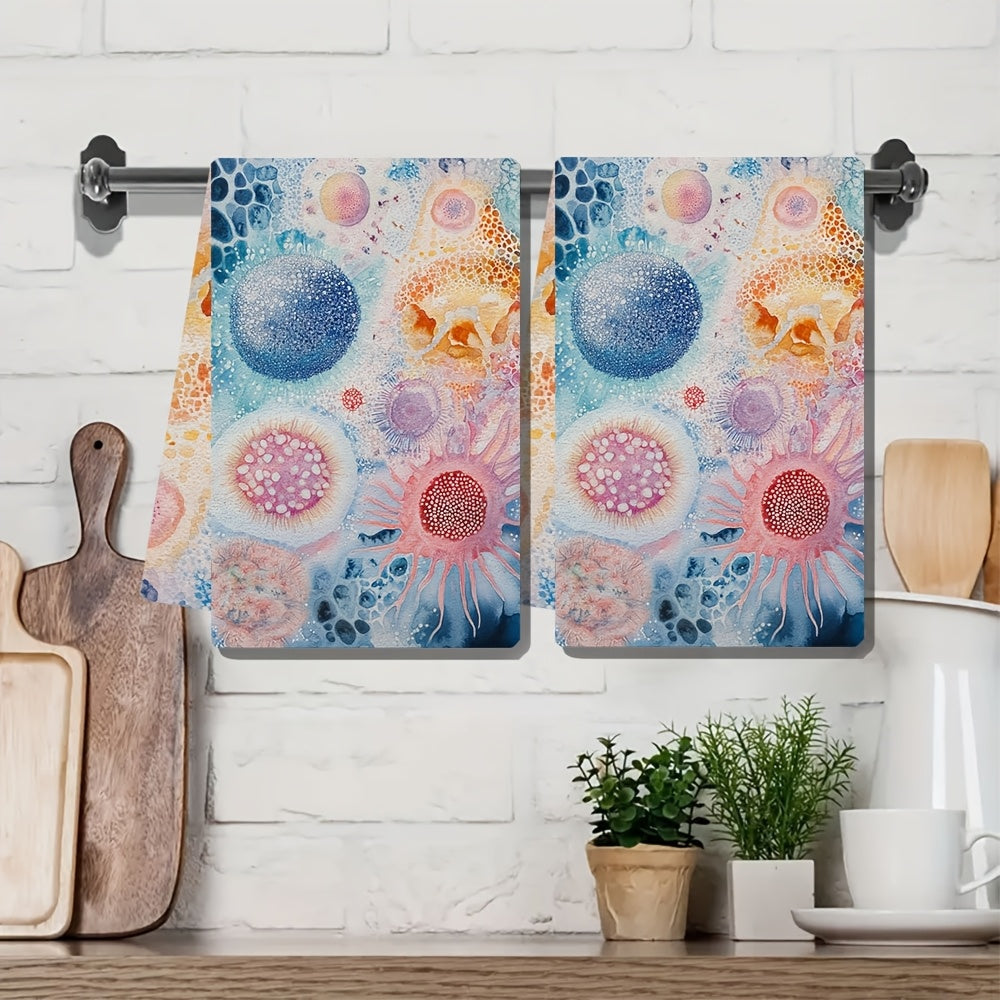 Two ultra soft kitchen towels featuring a design of eukaryotic vs prokaryotic cells. These highly absorbent and machine washable dish hand towels showcase a vibrant marine life theme. Measuring 40.64x60.96 cm, they are the perfect addition to your