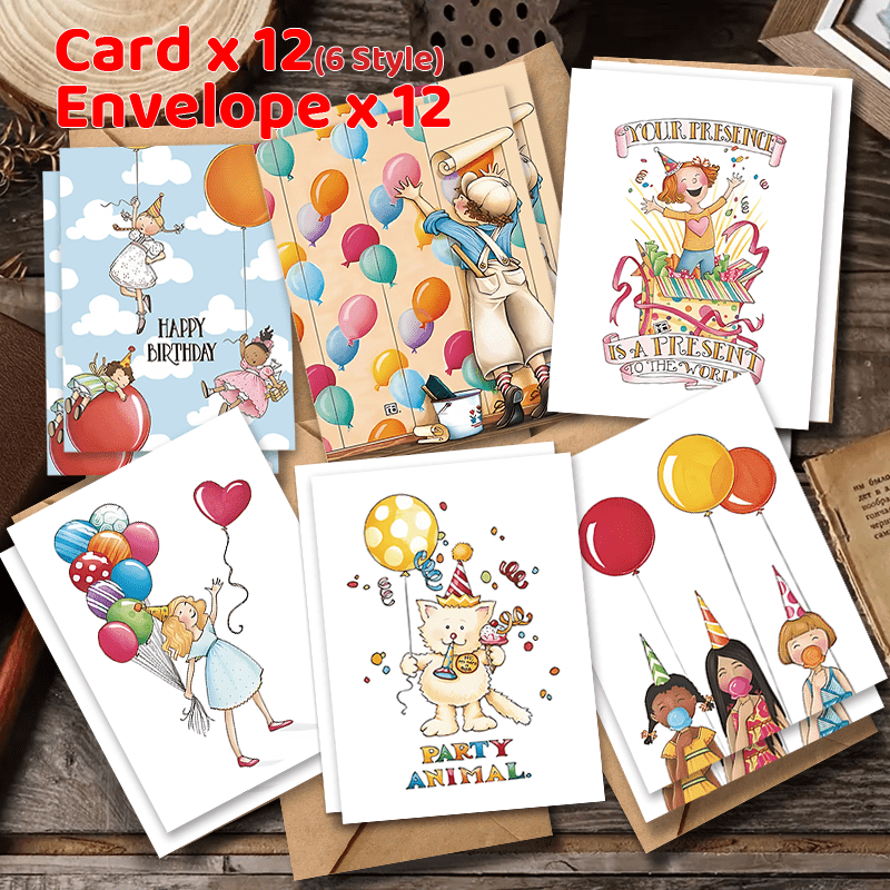 Celebrate with 24 charming Birthday Cards complete with Envelopes - Featuring sweet designs of a Little Girl, Flower Cat, and Balloons - Ideal for expressing gratitude and presenting gifts.