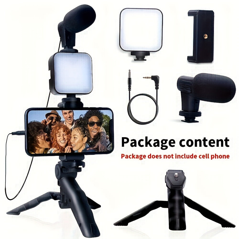 One Universal 3-in-1 Smartphone Video Blogging Kit with LED Ring Light, Mini Shotgun Microphone, and Tripod Stand - Battery-Powered, for Live Streaming, Video Calls, and Vlogging (Battery