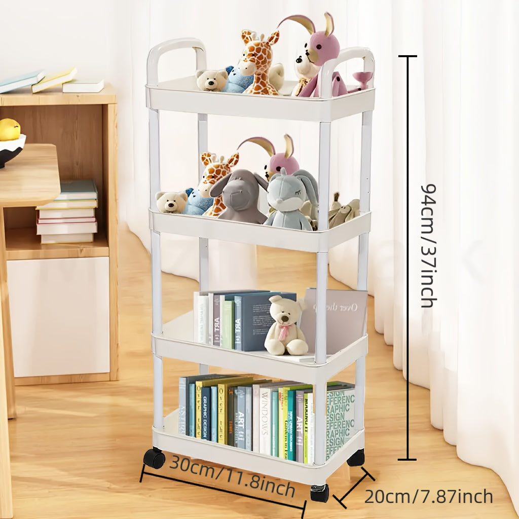 Four-tier trolley storage rack in white, perfect for kitchen, bathroom, bedroom, or office. This multifunctional rolling cart provides practical storage solutions.