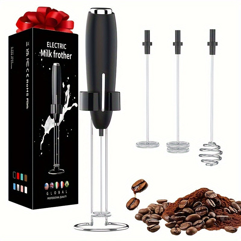 Battery operated handheld milk frother for creating creamy foam in drinks, perfect for coffee and cappuccinos.