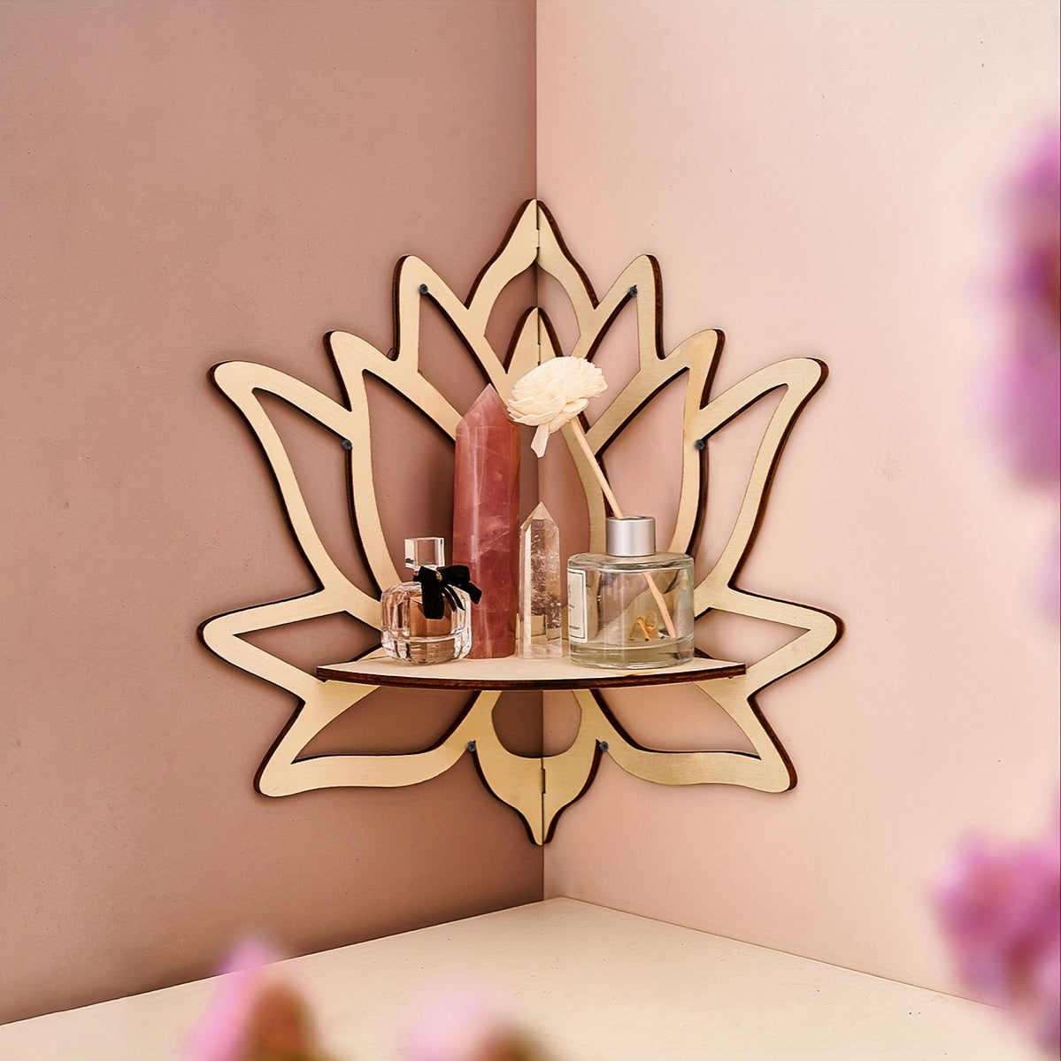 Creative lotus-shaped rack for wall display, hand-assembled wooden storage shelf for home decor. (Nails not included)