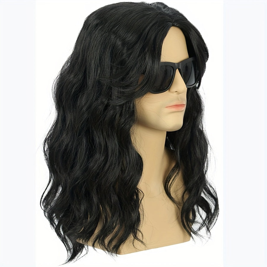 Stylish Black Long Fluffy Curly Wig for Men, Perfect for Casual School Parties or Halloween Christmas Cosplay Photos, with a Cool Punk Hip Hop Disco Vibe