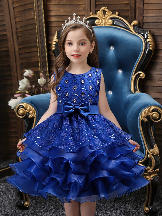 Girls Sleeveless Sequin Flower Princess Dress for Piano Performance, Wedding, Birthday Party