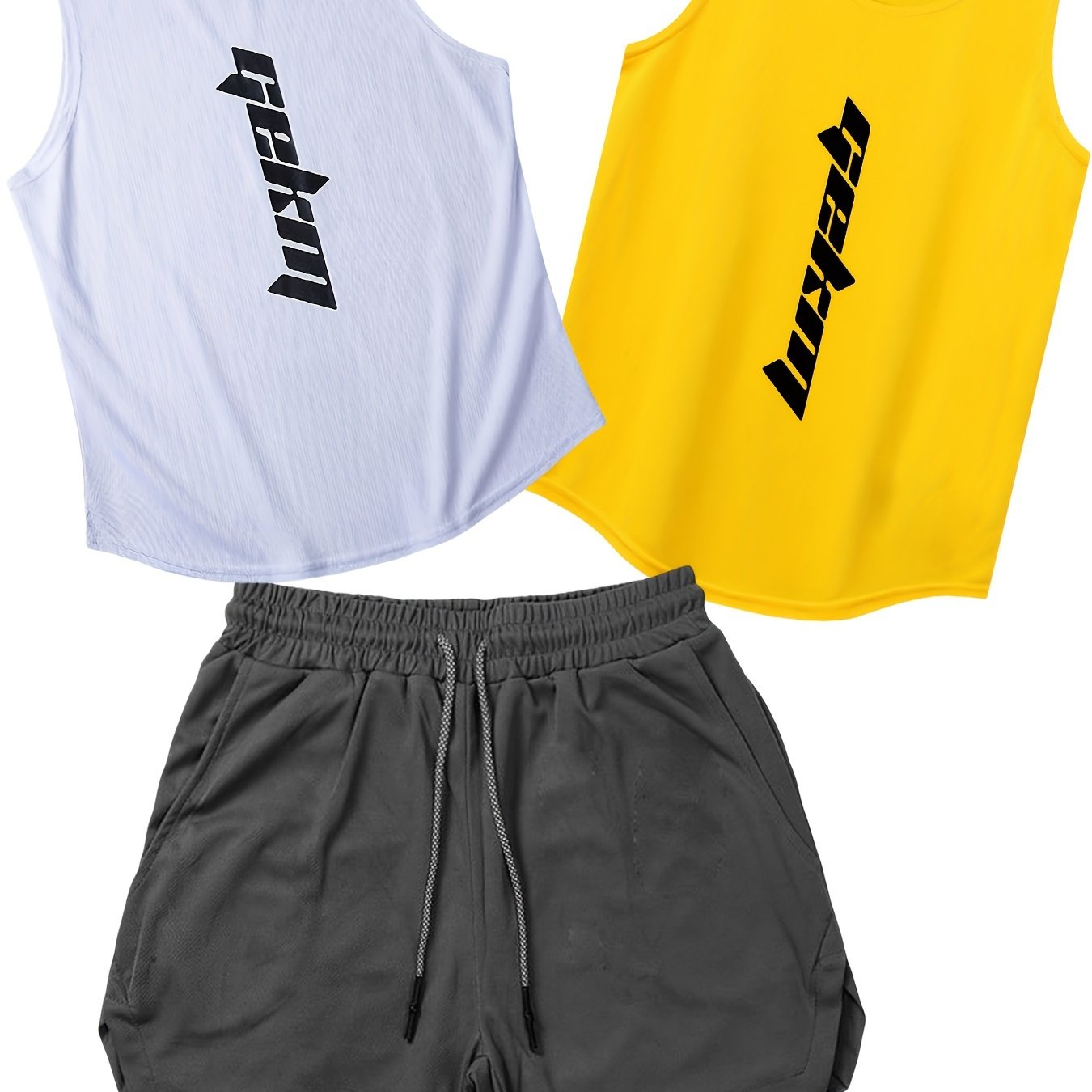 Men's Summer Fashion 3-pack of Sportswear, includes tank tops and drawstring shorts for casual, basketball, and fitness wear.