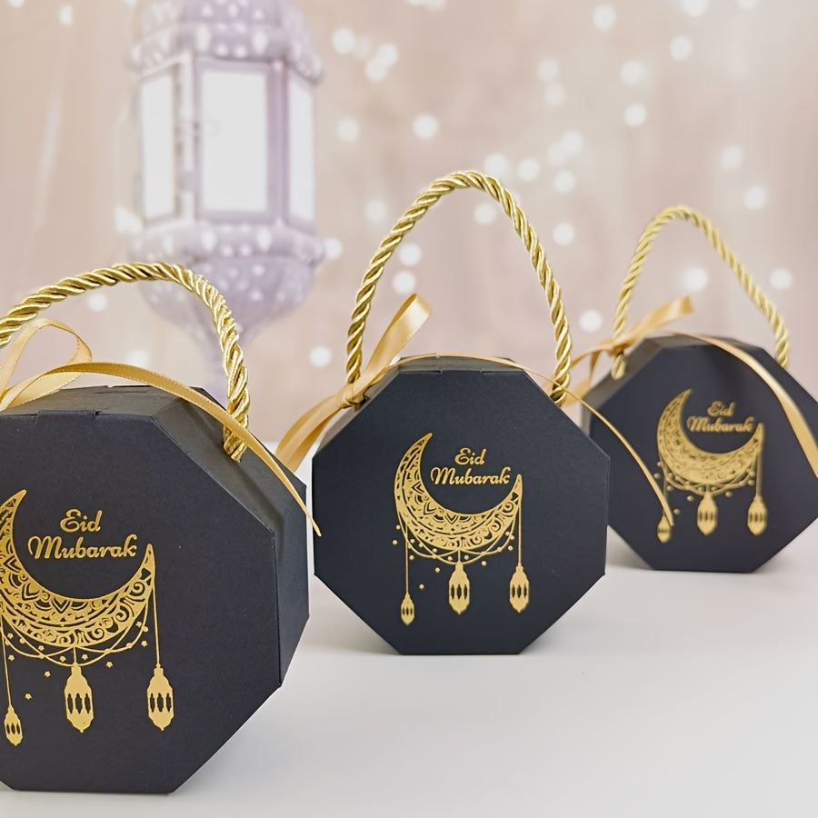 5 Eid Mubarak Candy Gift Boxes, Ramadan Kareem Paper Favor Boxes with Party Supplies for Muslim Holidays.