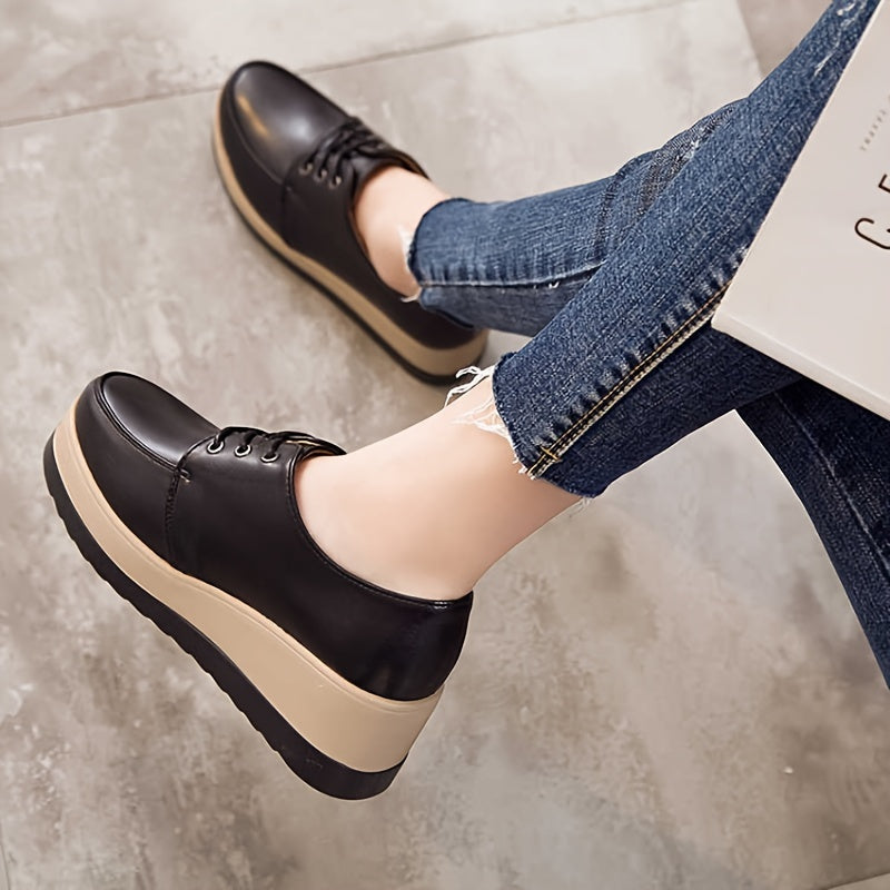 Women's lace-up low top shoes with solid color, comfortable all-season design, featuring a plain toe and PU sole. Made with man-made materials.