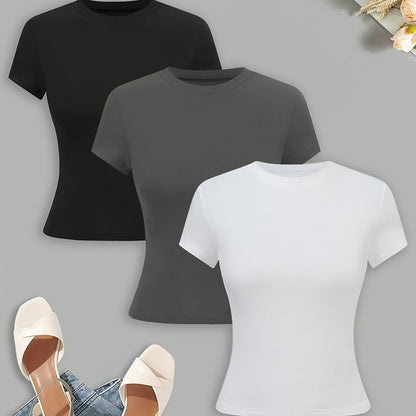 New Women's Slim Fit Solid Color T-shirt Three-piece Set - DP111061