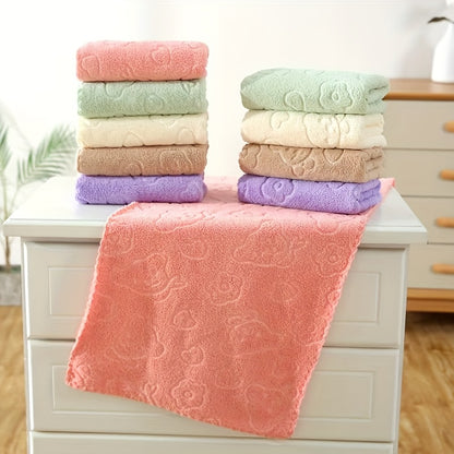 5 soft and absorbent cartoon bear towels in pastel colors. Quick-drying and ideal for use in bathroom, kitchen, living room, and bedroom. Perfect holiday gift. Plush fabric with cartoon