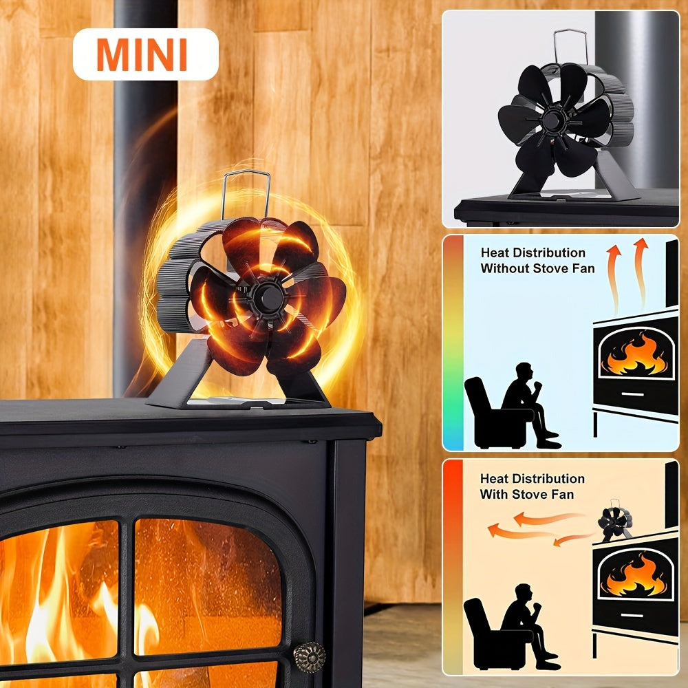 6-blade heat powered fireplace fan for mini stove, log wood burner, and eco-friendly heat distribution in your home during the cold winter months. Stay warm and cozy with this quiet fireplace fan.