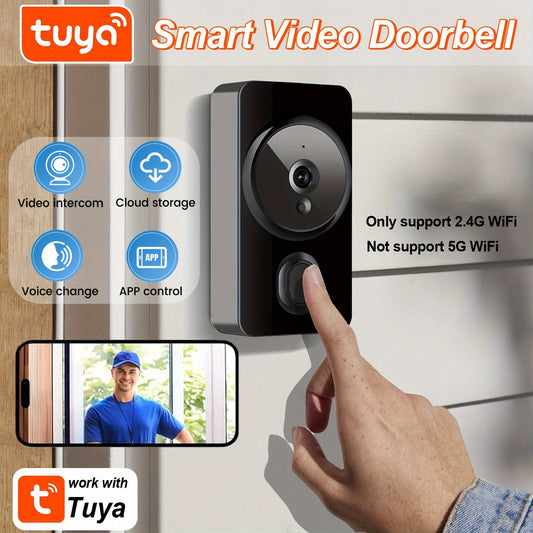 Wireless video doorbell with WiFi, app control, two-way audio, night vision, cloud storage, easy installation, and battery operation for home and business security.