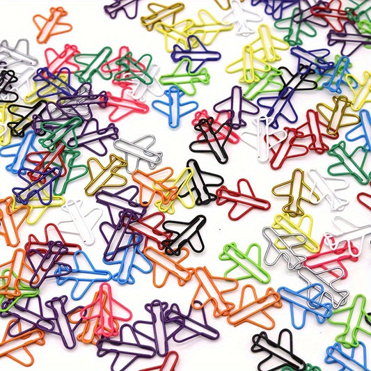 50 plane-shaped paper clips in assorted colors made of durable iron for organizing documents, school supplies, and bookmarks.