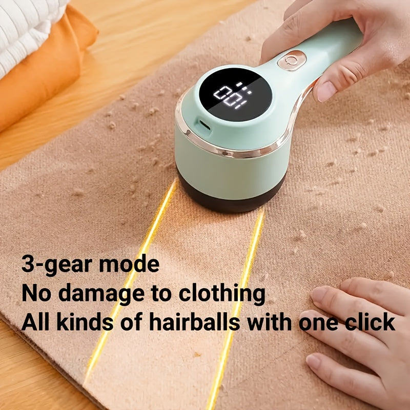 Portable fabric shaver with digital display, USB rechargeable and 3-speed adjustable, for clothes and furniture.