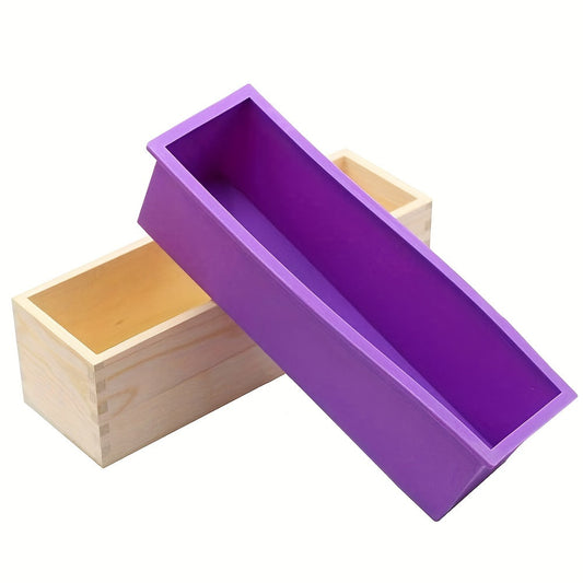 One piece of a 42oz rectangle silicone soap mold with a wooden box, perfect for handmade soap making and DIY soap cake making.