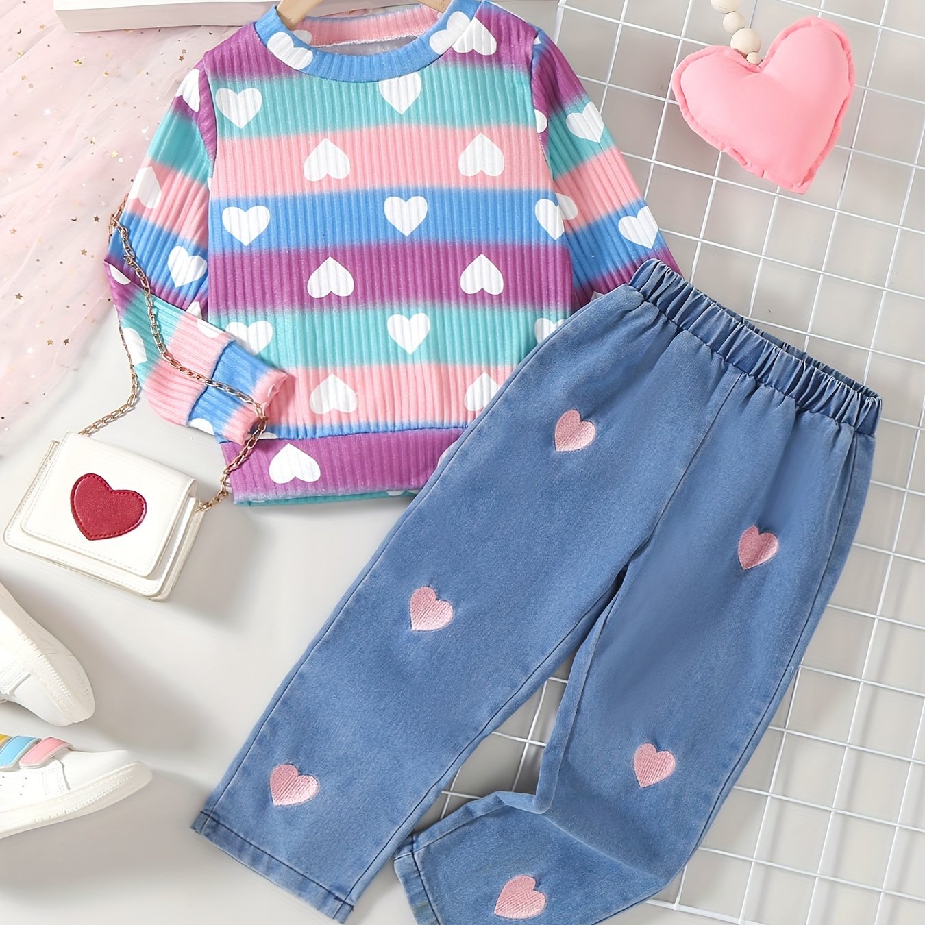 Cute set for girls, includes heart print top and denim pants, machine washable, ideal for outdoor wear.