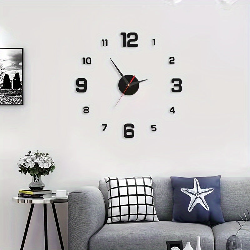 Art Deco style wall clock made of self-adhesive polyurethane, with silent movement, punch-free installation, luminous hands, battery-powered, and ideal for living room decor.