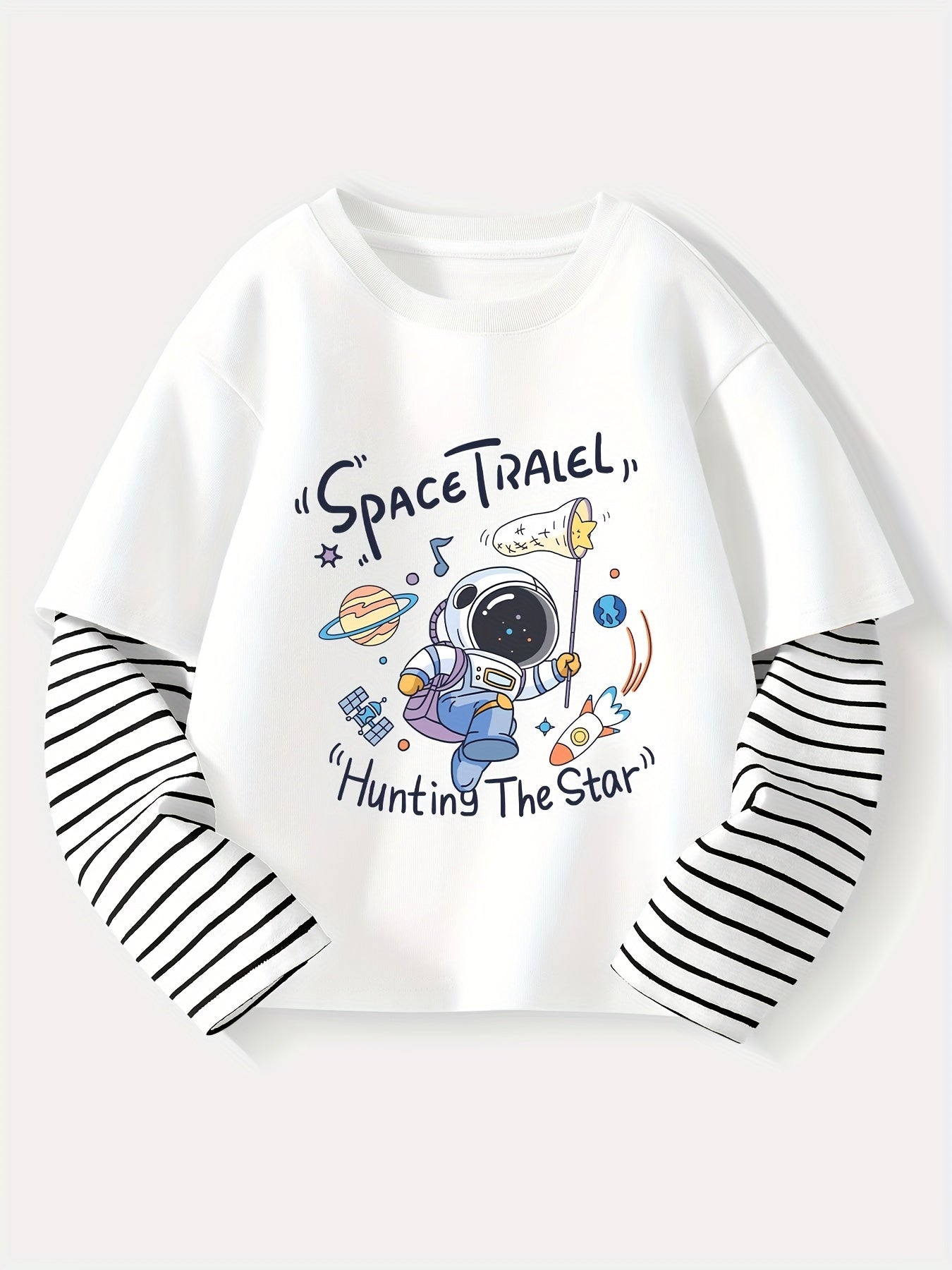 MIANZHI Boy's Striped Long Sleeve Tops with Astronaut Cartoon Print in cozy Pure Cotton.