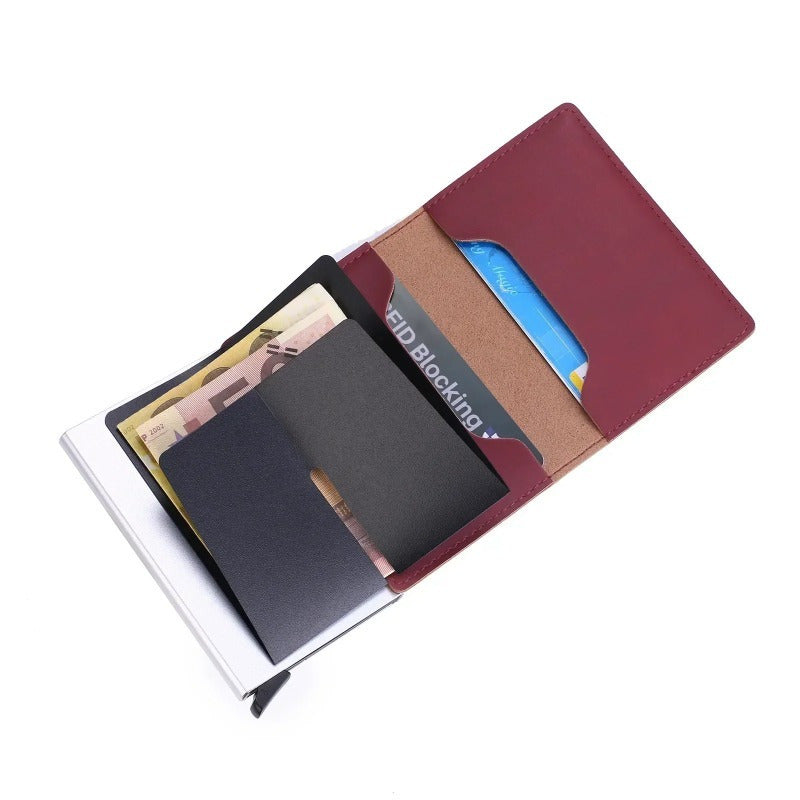 Sleek men's wallet with RFID-blocking technology, made of ultra-thin aluminum alloy with multiple card slots and stylish metal design.