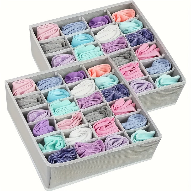 2-Pack Multi-Purpose Drawer Organizers for Socks and Underwear, 24-Cell Collapsible Closet Organizers in Beige and Gray.